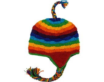 Rainbow Winter Wool Hat Beanie with Ear Cover and Fleece Lined Hand Knit