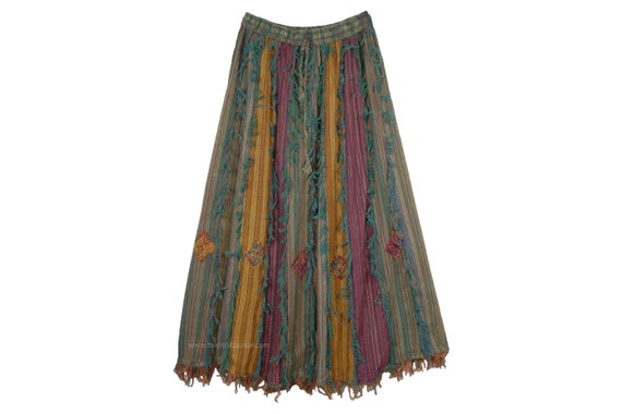 Vertical Patchwork Bohemian Gypsy Skirt Cotton Frill Skirt