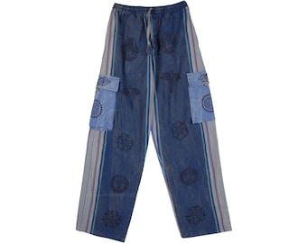 Stonewashed Blue Thick Cotton Unisex Hippie Trousers Pajama Pants with Pockets and Elastic Waist
