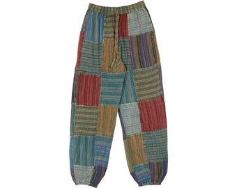 Hippie Harem Cotton Pants with Striped Patchwork Unisex Elastic Waist Cuffed Ankles and Pockets in Green