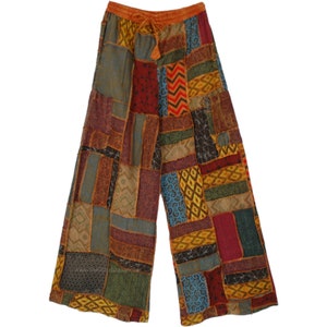 May include: Wide-leg pants made from patchwork fabric with a variety of colorful patterns and textures.