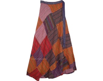 Deep Fall Colors Cotton Wrap Around Skirt Long in Square Patchwork for Summer