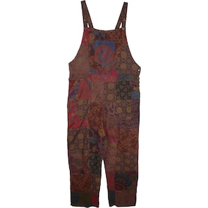 Cotton Patchwork Overalls in Deep Earthen Colors Mixed Prints Hippie Boho Jumpsuit