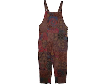 Katoenen patchwork overall in diepe aardkleuren gemengde prints hippie boho jumpsuit