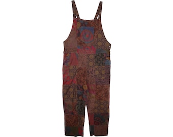 Cotton Patchwork Dungarees in Deep Earthen Colors Mixed Prints Hippie Boho Jumpsuit