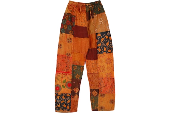 Summer Fire Bohemian Cotton Patchwork Pants with Drawstring in Orange Size Fits S-L
