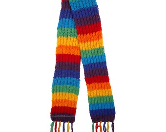 Rainbow Scarf Pure Wool Hand Knit Boho Style with Fringes