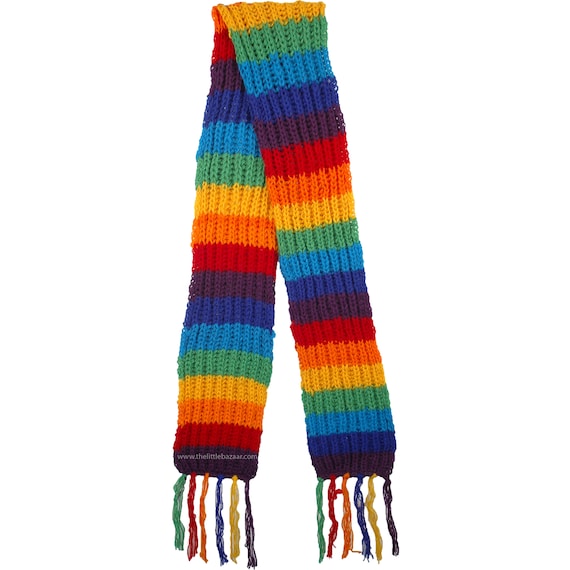 Rainbow Scarf Pure Wool Hand Knit Boho Style With Fringes
