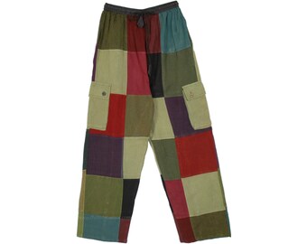 Boho Patchwork Box Pocket Hose aus Baumwolle mit Kordelzug in grün