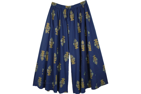 Plus Size Blue Golden Block Printed Cotton Split Skirts Party Pants Flared Palazzo Cotton Pants with Elastic Waist