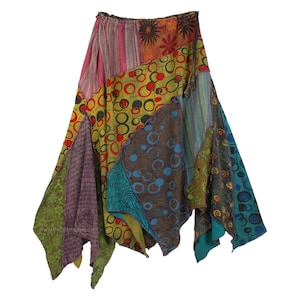 Asymmetrical Hemline Mid Calf Length Boho Woven Cotton Patchwork Skirt One Size