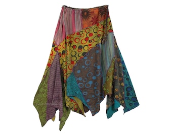 Asymmetrical Hemline Mid Calf Length Boho Woven Cotton Patchwork Skirt One Size