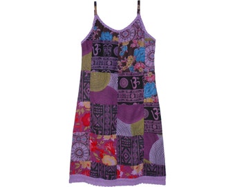 Purple Floral Mixed Patchwork Womens Mid Length Dress True Hippie Cotton Sleeveless Dress