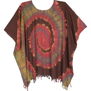 May include: Brown tie-dye caftan with a spiral pattern in shades of red, pink, and yellow. The loose-fitting garment has short sleeves and a fringed hem. The caftan is made of a lightweight fabric.