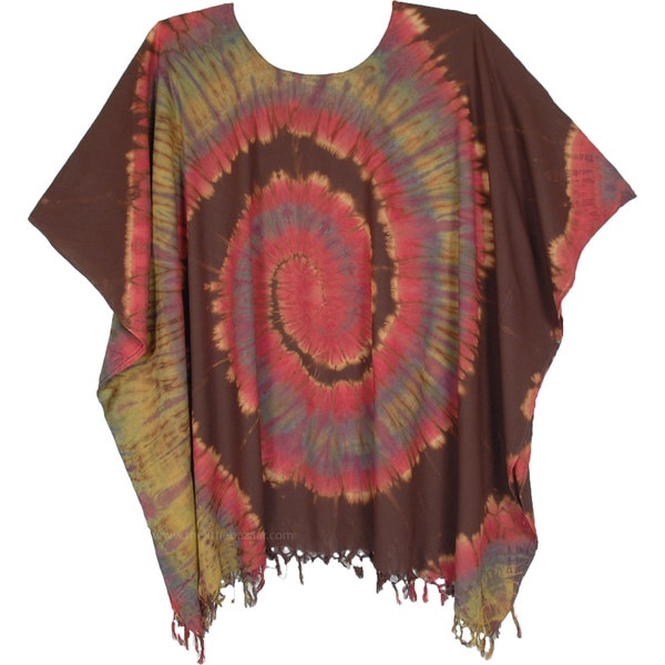 Swirl Tie Dye Tunic Length Poncho Top with Fringed Bottom in Brown and Pink Rayon