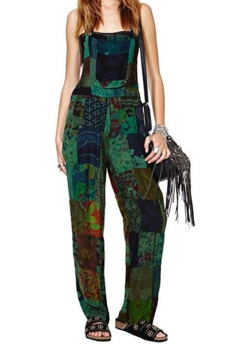 Green Earthen Patchwork Cotton Jumpsuit Dungaree Overalls With Etsy