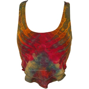 May include: A tie-dye tank top with a ruffled hem in shades of orange, red, green, and blue. The tank top has a scoop neck and is made of a soft, lightweight fabric.