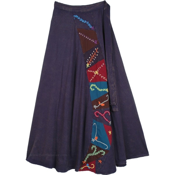 Wrap Around Skirt with Embroidery Panels Deep Blue Hippie Cotton Wrap Skirt