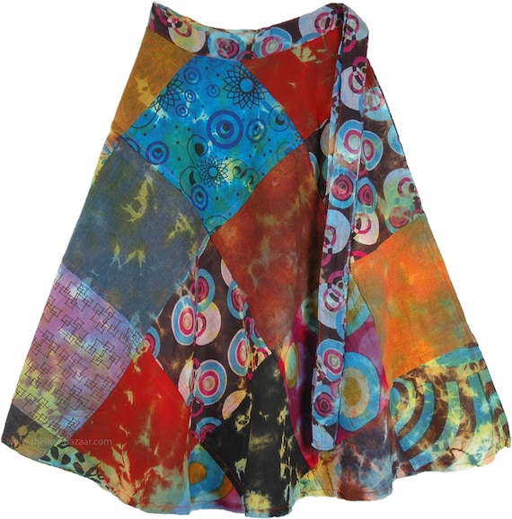 Funky Boho Patchwork Wrap Around Knee Length Cotton Skirt Festival