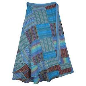 Plus Skirt Wrap Around Cotton Summer Skirt in Striped Blue Patchwork Ankle Length Long Skirt