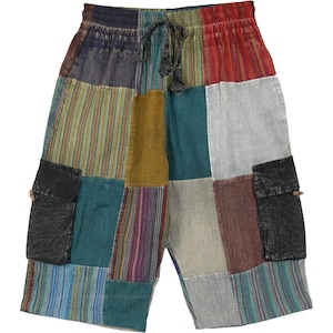 May include: Patchwork shorts with a drawstring waist and side pockets. The shorts are made of different colored fabrics, including blue, green, red, and brown.