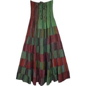 Forest Green Cotton Patchwork Long Skirt Off Shoulder Dress with Smocked Waist Bust