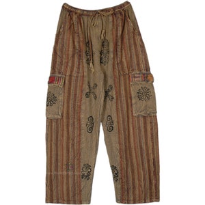 May include: Brown striped pants with embroidered floral designs and large pockets. The pants have a drawstring waist.