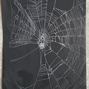May include: A rectangular black print featuring a detailed white spider web pattern. The web consists of fine, interconnected radial and circular threads that extend across the dark surface, creating a complex and intricate geometric design.