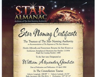 MAIL - Star Almanac -- Name A Star To Someone Special -- 8.5x11 or 11x14 -- Thick Photo Paper