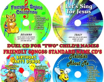 Friendly Songs® Duel Standard Name Personalized CD'S For 2 Children - 7 Albums - Birthdays, Christian, Lullabies, More!