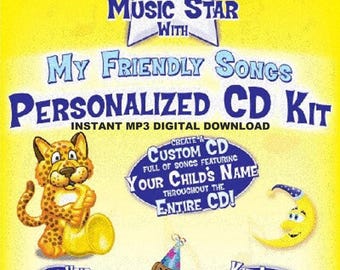 May include: A yellow and blue graphic for a personalized CD kit. The text reads "Turn Your Child Into a Music Star" and "My Friendly Songs Personalized CD Kit." Includes cartoon illustrations of a leopard, dog, and moon.