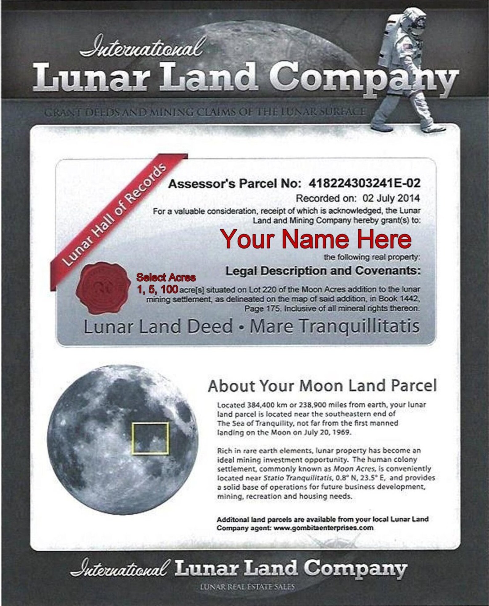 Buy Mail Lunar Land Company 100 Acres photo Paper english Online in