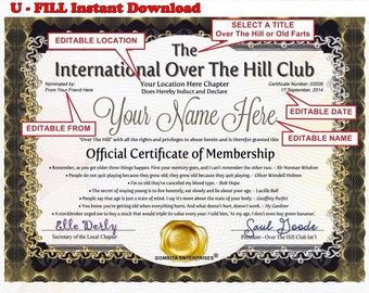 Make Your Own (No Limit) Over The Hill Club Customize - U-Fill - Instant Download - Reusable - PDF - Make As Many Names As You Want!