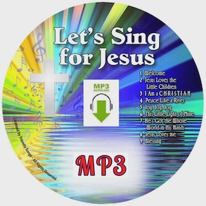 May include: A CD with the title "Let's Sing for Jesus" in white text. The disc has a colorful background with musical notes and a cross. It includes a list of songs and an "MP3 Download" icon.