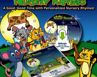 May include: A Fun Time Nursery Rhymes CD and case featuring cartoon animals including a mouse, a cat, and a cow. The cover displays the text Fun Time Nursery Rhymes, A Good, Good Time with Personalized Nursery Rhymes, MaKayla, We Love You! Grandma and Grandpa 2020.