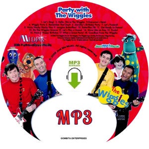 May include: A CD featuring The Wiggles, with the title "Party with The Wiggles" in a red and white design. The disc includes song titles and images of the band members and characters. The word "MP3" is prominently displayed.