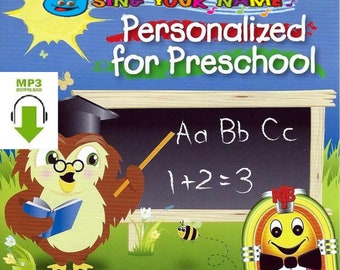 May include: A children's music CD titled "Sing Your Name: Personalized for Preschool." The cover features an owl with glasses, a chalkboard with letters and numbers, and a jukebox. Includes an MP3 download option.