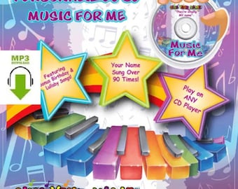 May include: A personalized CD with the text "PERSONALIZED CD MUSIC FOR ME" and "SING YOUR NAME". The image features a colorful piano keyboard, stars with text, and a graphic of a CD. Includes MP3 download.