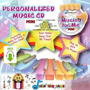 Könnte beinhalten: Eine personalisierte Musik-CD mit dem Text "Music for Me" und "Sing Your Name". Die CD enthält Bonus-Geburtstags- und Schlaflieder und kann auf jedem CD-Player abgespielt werden. Das Bild zeigt ein Klaviertastatur-Design.