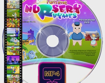 May include: A DVD with the title "Funtime Nursery Rhymes" in pink and purple. The disc features cartoon illustrations of a pig, a cow, and a woman. A film strip and an MP4 download icon are also visible.