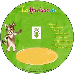 May include: A green CD with a yellow centre and a cartoon dog on the left side. The CD is labelled "La Musique de" and features a list of songs in French. The text "MP3 Download" is in a white box with a blue border and a downward pointing arrow.