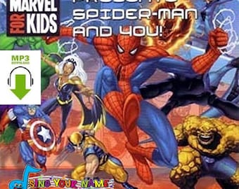 May include: A colorful CD cover featuring Marvel superheroes, including Spider-Man, Captain America, and Wolverine. The title reads "Marvel for Kids Presents Spider-Man and You!" with an MP3 download icon and the "Sing Your Name" logo.
