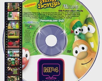 May include: A DVD featuring the title "Silly Songs" with cartoon characters. The disc includes a list of songs and the text "Personalized DVD." An MP4 download icon is also present.