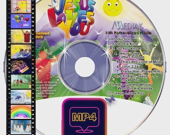 May include: A DVD and MP4 download featuring the title "Jesus Loves You" with a colorful design. The disc includes a list of songs and a cartoon sun. A film strip with animated scenes is on the left.