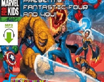 May include: A CD cover for "Marvel for Kids Presents Fantastic Four and You!" featuring comic book illustrations of superheroes like Spider-Man, The Thing, and Invisible Woman. The cover includes the text "MP3 DOWNLOAD" and "Sing Your Name".