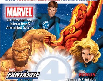 May include: A Marvel Fantastic Four personalized adventure storybook cover featuring Mr. Fantastic, The Thing, Human Torch, and Invisible Woman. The text reads Create YOUR OWN PERSONALIZED Adventure Story Book, Marvel, 20 Personalized, Interactive & Animated Scenes, Fantastic Four, Sing Your Name, and BONUS: Games & Printable Coloring Book included.