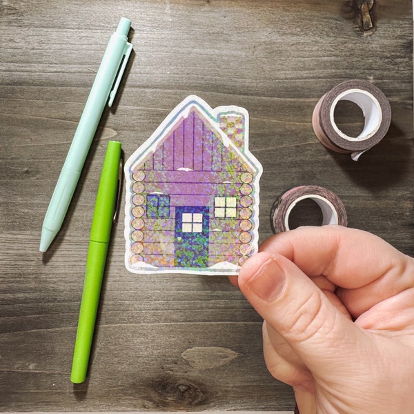 Holographic Snowy Cabin | Hand Drawn | Laptop | Winter | Snow | Cottage Core | Water Bottle | Notebook | Sticker | Glitter