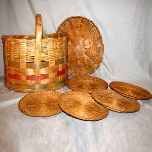 Vintage Picnic Basket w/ Cover Hand Woven Mexico 5 Plate Holders LARGE 17&quot; 1950s