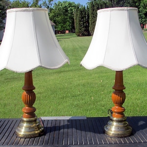 Table Lamps Carved Oak Brass Set of 2 With Shades 26.5 Made In USA 1950s Vintage Lighting