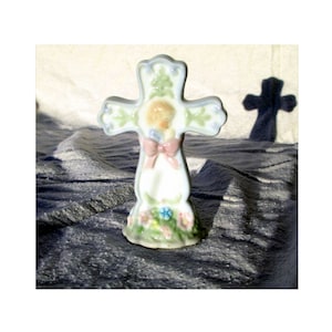 Christian Figurine Porcelain Cross Praying Child New Baby Baptism Gift